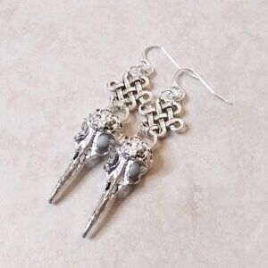 X-Long Silver Bird Skull Earrings - Goth Pagan Raven Crows Witch Wicca Occult